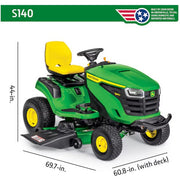 Tractor cortacésped John Deere S140 verde con asiento amarillo y plataforma de corte