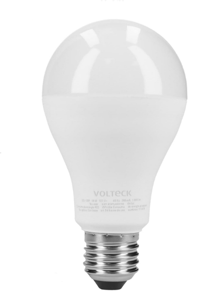 Bombilla LED blanca con base rosca metálica, diseño esférico.