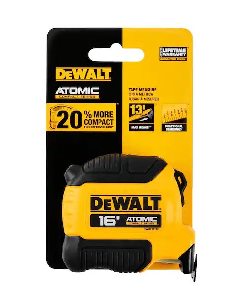 Flexómetro DEWALT ATOMIC de 16 pies, carcasa amarilla y negra, cinta retráctil