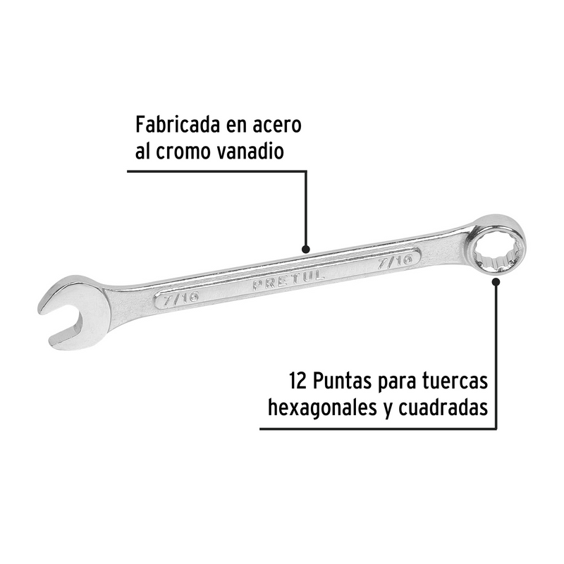 LLAVE COMBINADA 7/16" X 150 mm DE LARGO PRETUL