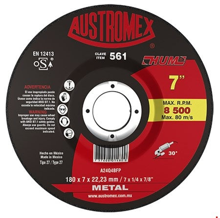 DISCO DE DESBASTE 7" X 1/4" X 7/8", TIPO 27, METAL, HUM®