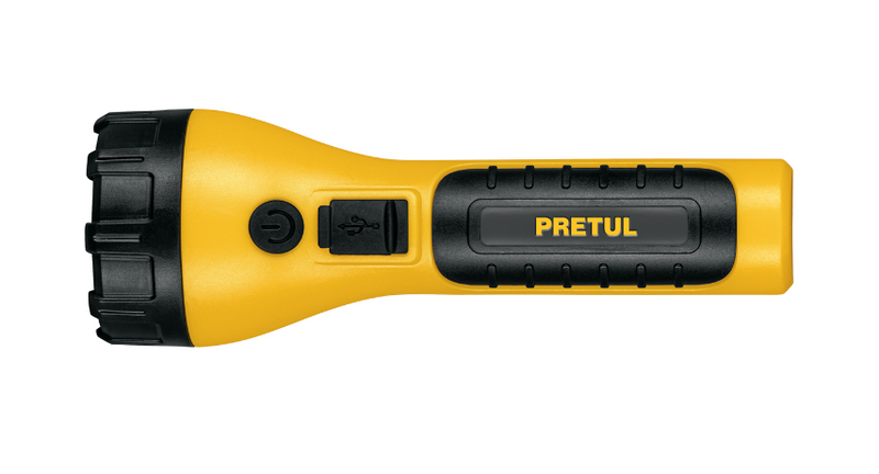 Linterna LED recargable de mano PRETUL amarilla con interruptor y cuerpo negro