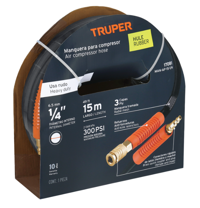 MANGUERA PARA AIRE, DE 1/4" X 15 m (49 ft), DE HULE, TRUPER