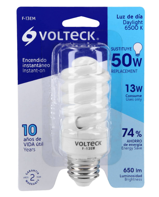 Bombilla LED mini espiral VOLTECK en empaque blister, 13 W, luz de día 6500 K