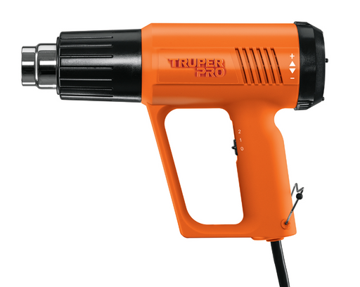 Pistola de calor TRUPER PRO naranja con boquilla frontal y cable negro.