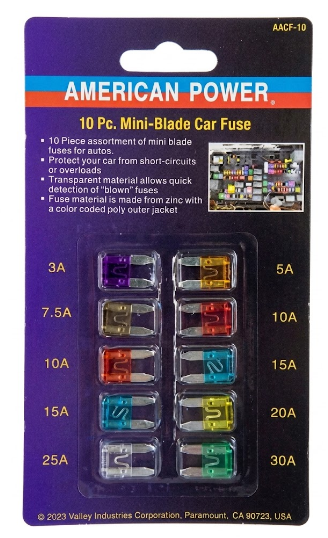 Juego de 10 mini fusibles automotrices en blíster, colores y amperajes visibles (3A-30A)
