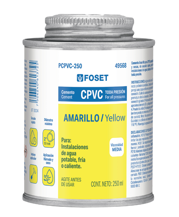 CEMENTO PARA PVC, AMARILLO, ALTA PRESION, 250 ml