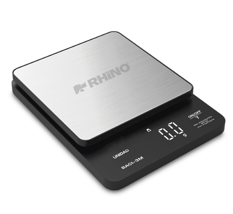 Báscula digital de cocina Rhino, plato cuadrado gris y base negra con pantalla