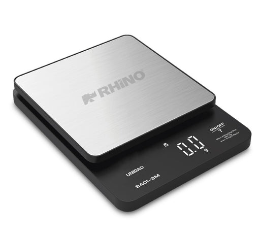 Báscula digital de cocina Rhino, plato cuadrado gris y base negra con pantalla
