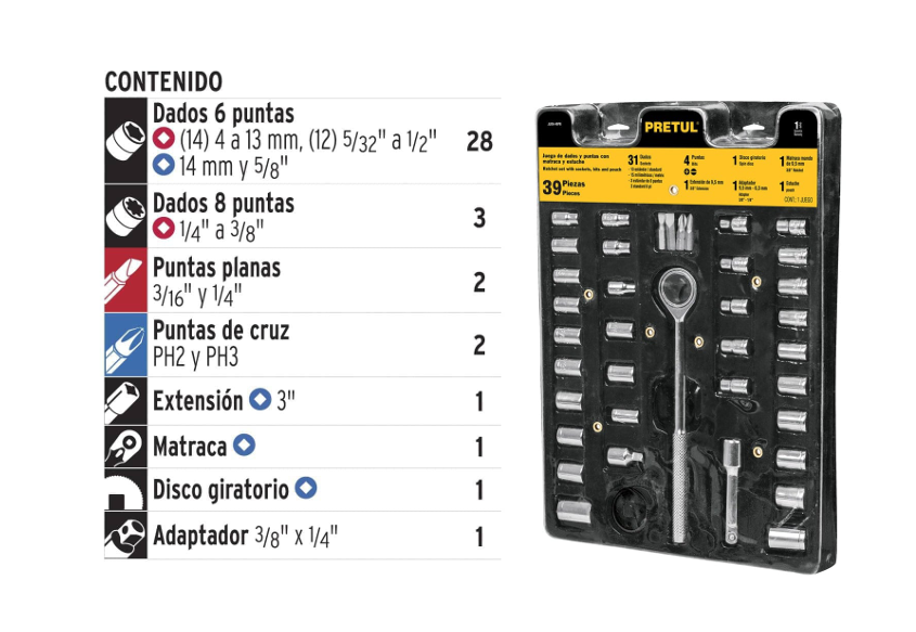 JUEGO DE DADOS 39 PZ (1/4-3/8) PRETUL INCLUYE ESTUCHE DE TELA