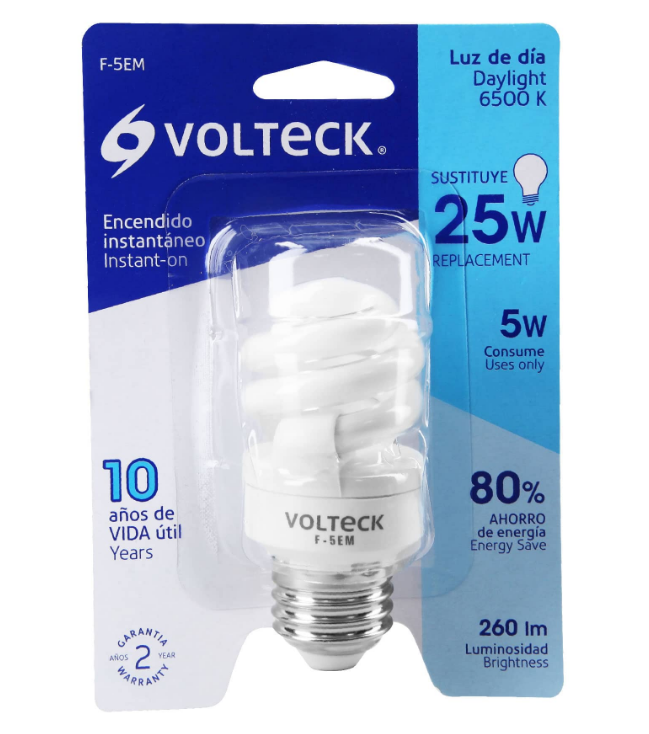 Bombilla ahorradora mini espiral VOLTECK en empaque, 6500 K, 25 W