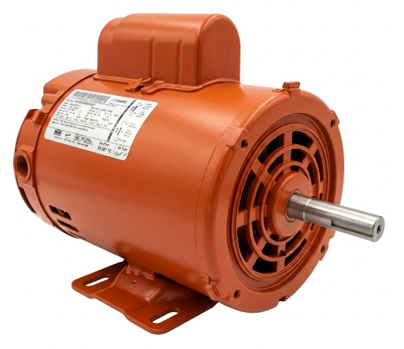 Motor eléctrico naranja con eje de salida y carcasa compacta, vista lateral