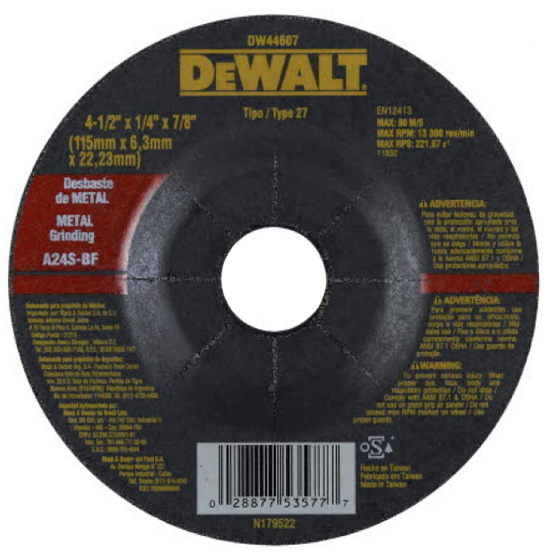 DISCO DE CORTE 4-1/2" X 1/8" X 7/8", METAL, DEWALT DW07