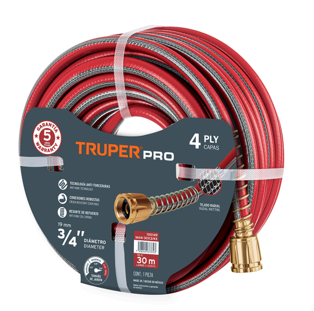 MANGUERA PARA JARDIN 1/2", 25 m, SUPER REFORZADA, 4 CAPAS, CONEX. DE LATON, "PRO"