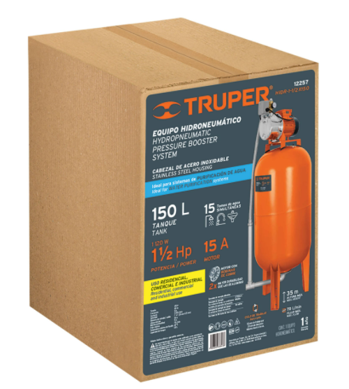 BOMBA HIDRONEUMATICA TRUPER, CAPACIDAD DE 1-1/2HP Y 150 LITROS