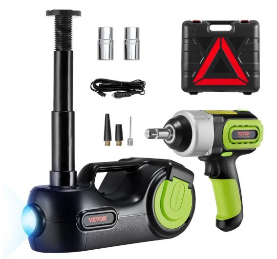 Gato eléctrico con llave de impacto y accesorios, elevación 135–360 mm