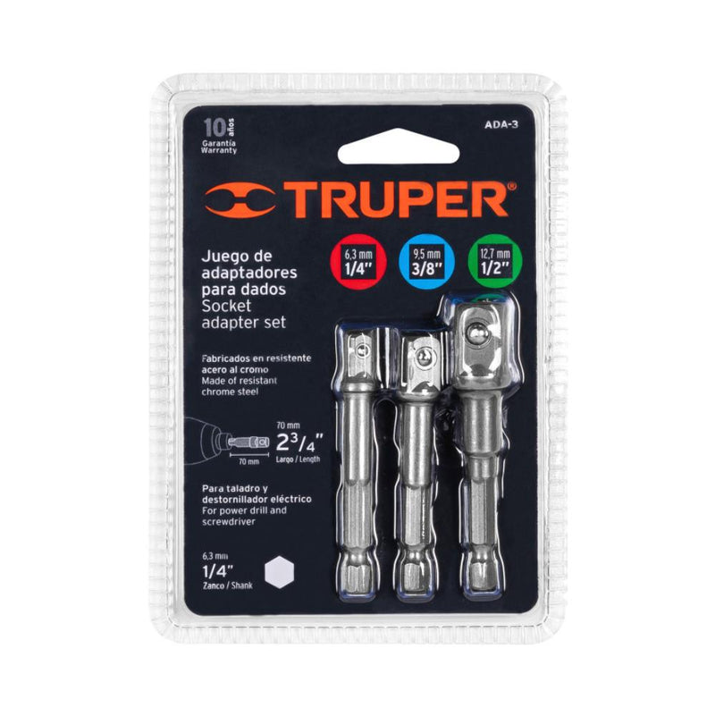 JUEGO DE 3 ADAPTADORES PARA DADO, 1/4", 3/8" Y 1/2"