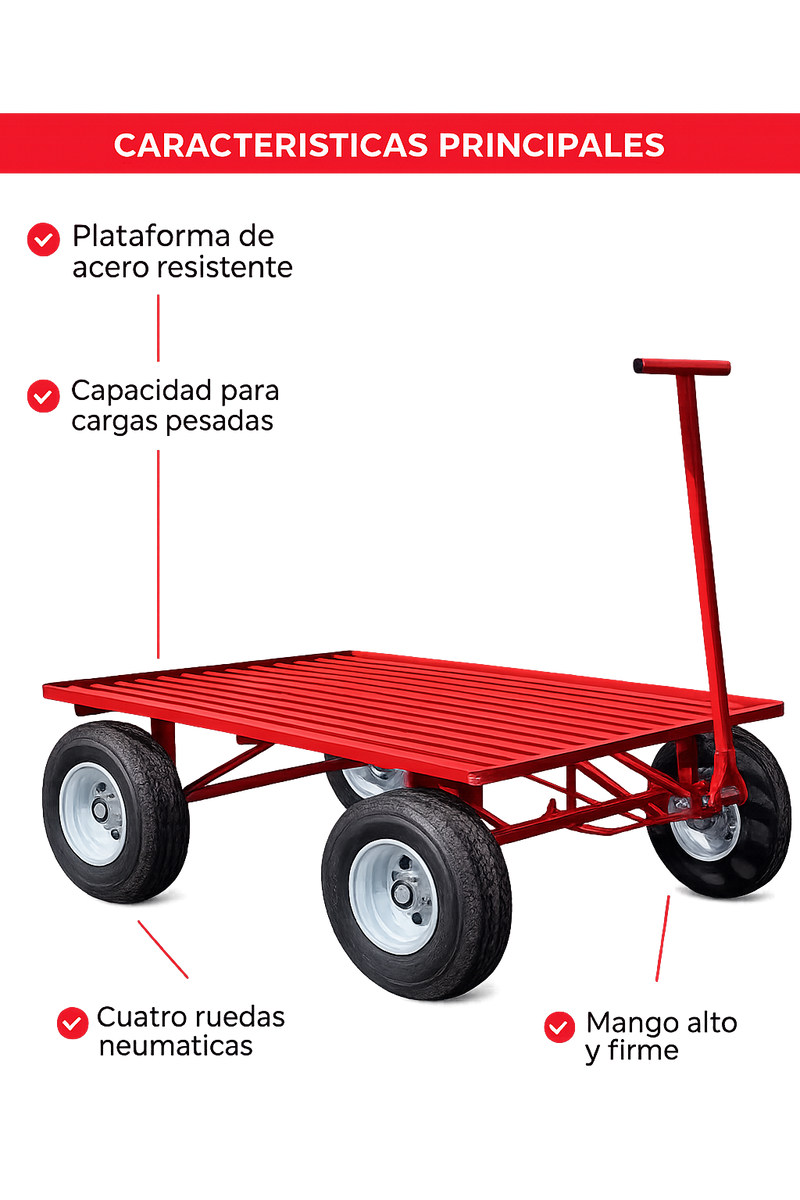 CARRITO DE CARGA METALICO CON 4 RUEDAS ROJO