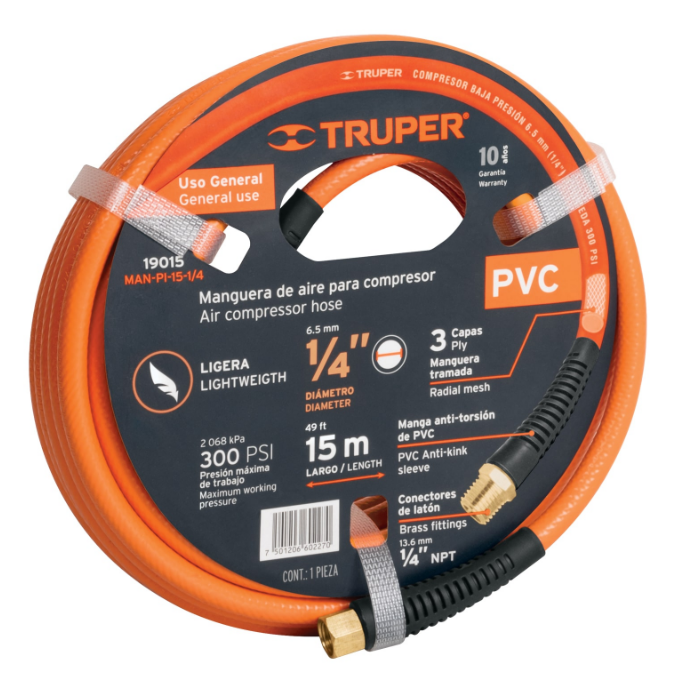 MANGUERA PARA AIRE, DE 1/4" X 15 m (50 ft), DE PVC, TRUPER