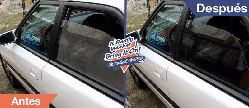 Comparativa Antes y Después en ventana de auto; vidrio más transparente tras limpiar.