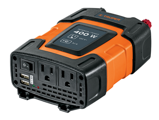 Inversor de corriente 400 W naranja y negro con pantalla y puertos frontales