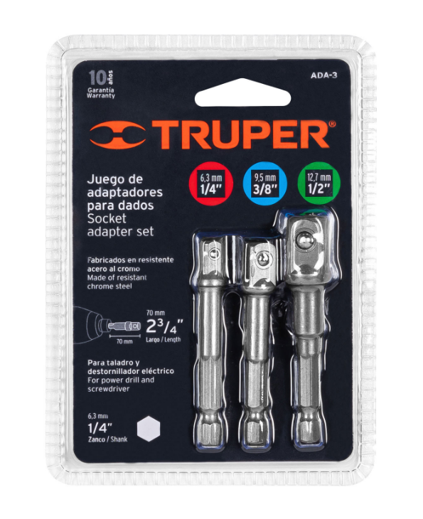 JUEGO DE 3 ADAPTADORES PARA DADO, 1/4", 3/8", 1/2"