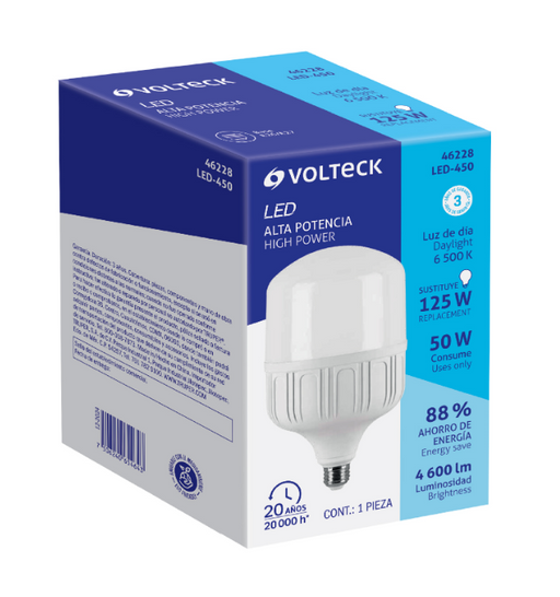 Caja de foco LED alta potencia VOLTECK 50 W, luz de día, con lámpara mostrada