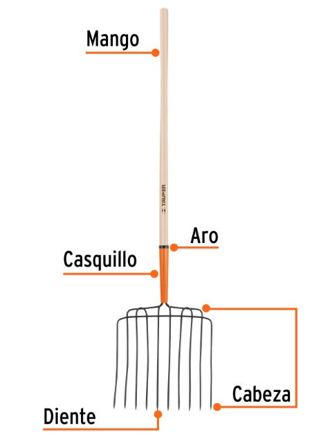 BIELDO CABEZA PLASTICA PARA ESTIERCOL 16 PICOS, MANGO DE 52"