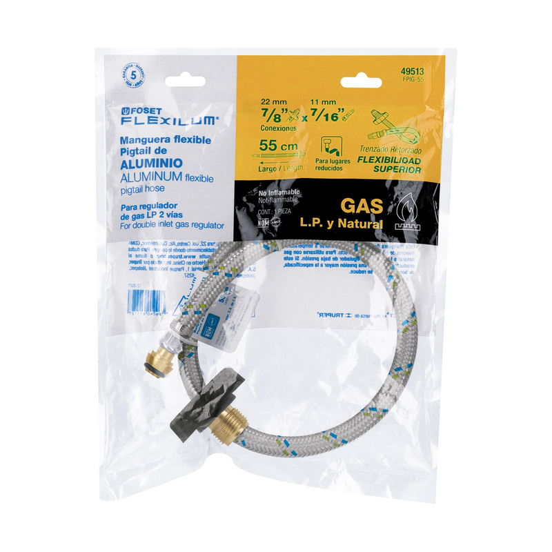 MANGUERA PARA GAS, DE ALUMINIO, PIGTAIL, 55 cm