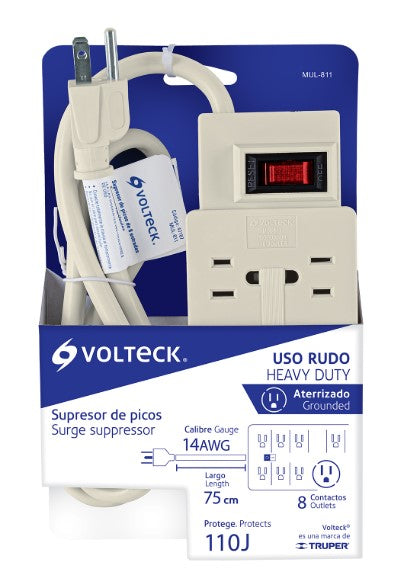 BARRA MULTICONTACTOS 8 TOMAS, C/SUPRESOR 110J, 14 AWG, 75CM