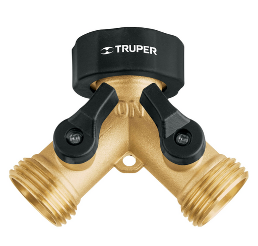 Conector en Y de latón de 3/4" con dos salidas roscadas y piezas negras TRUPER