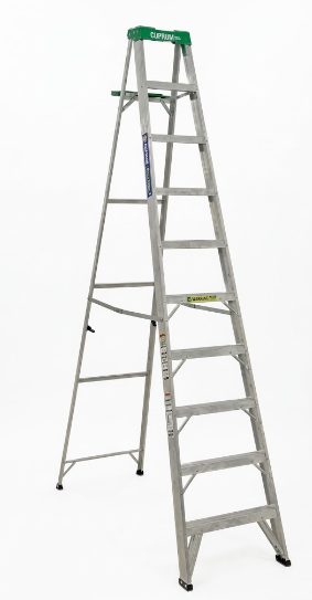 Escalera de tijera de aluminio con peldaños y plataforma superior verde