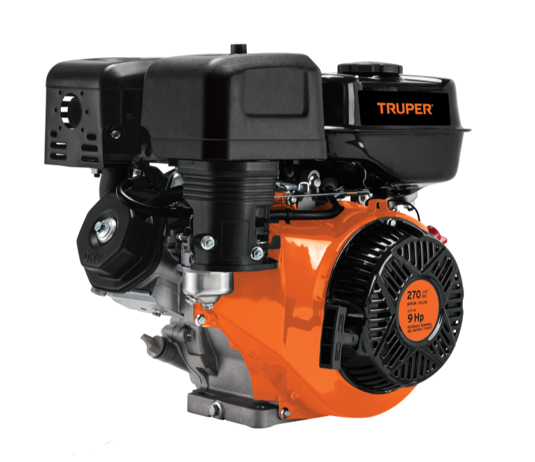 Motor a gasolina TRUPER naranja y negro, 9 hp, 270 cc, vista lateral