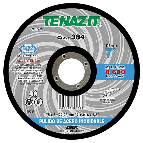 DISCO DE PULIDO 7" X 3/16" X 7/8", TIPO 27, INOXIDABLE, TENAZIT