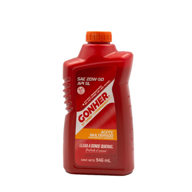 ACEITE PARA MOTOR A GASOLINA, GONHER GT TURBO 20W50 API SL, 946 ml