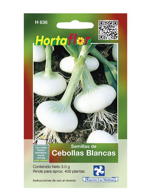 SOBRE DE SEMILLAS DE CEBOLLAS BLANCAS HORTAFLOR, CONTENIDO DE 3G