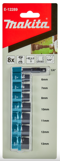 JUEGO DE DADOS DE IMPACTO CON ADAPTADOR HEX. CON CUADRO DE 1/4" X 2" (9PZS)