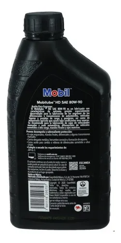 ACEITE PARA ENGRANES, MOBIL LUBE, HD 80W90, 946 ML.