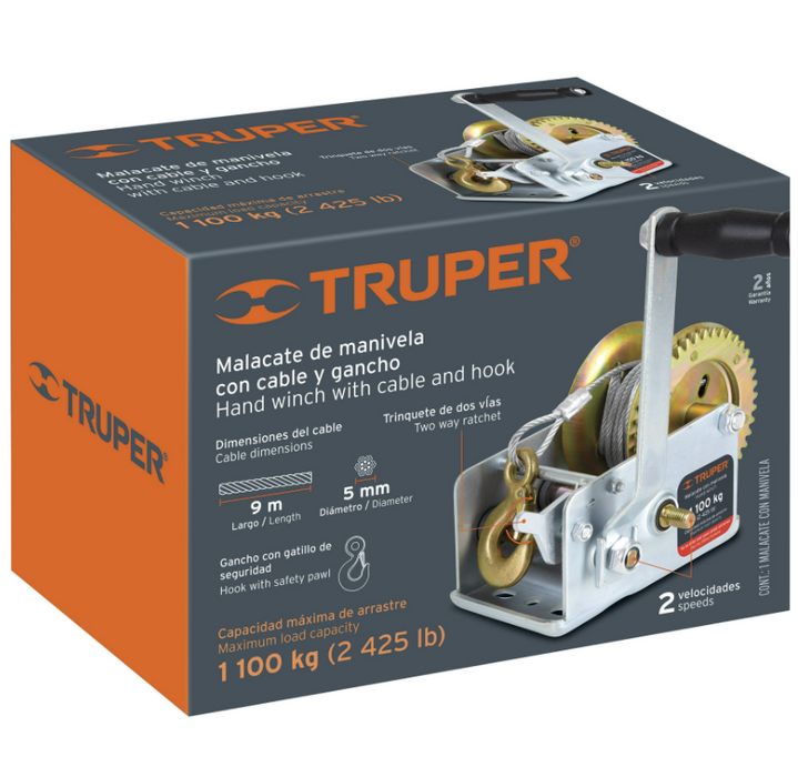 MALACATE DE MANIVELA CON CABLE DE 9 MTS, 1100 KG.