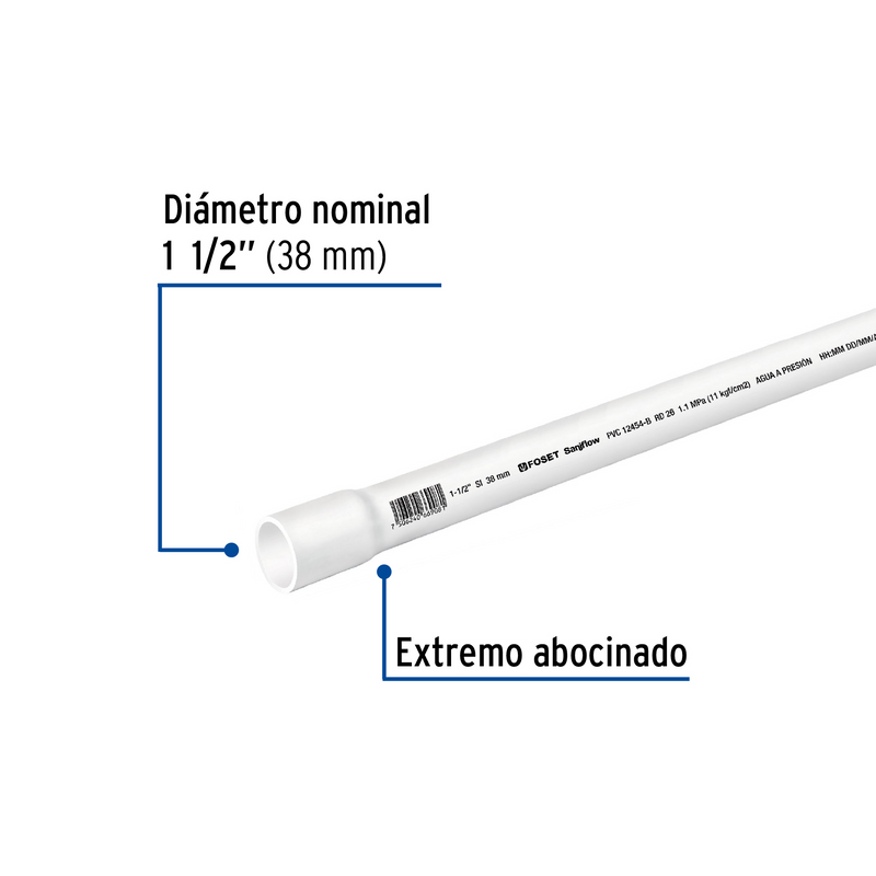 TUBO HIDRAULICO DE PVC, 3M, 1-1/2", RD 26