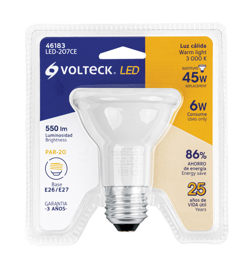 Foco LED Volteck PAR20 de 6 W en empaque, luz cálida y base roscada E27.