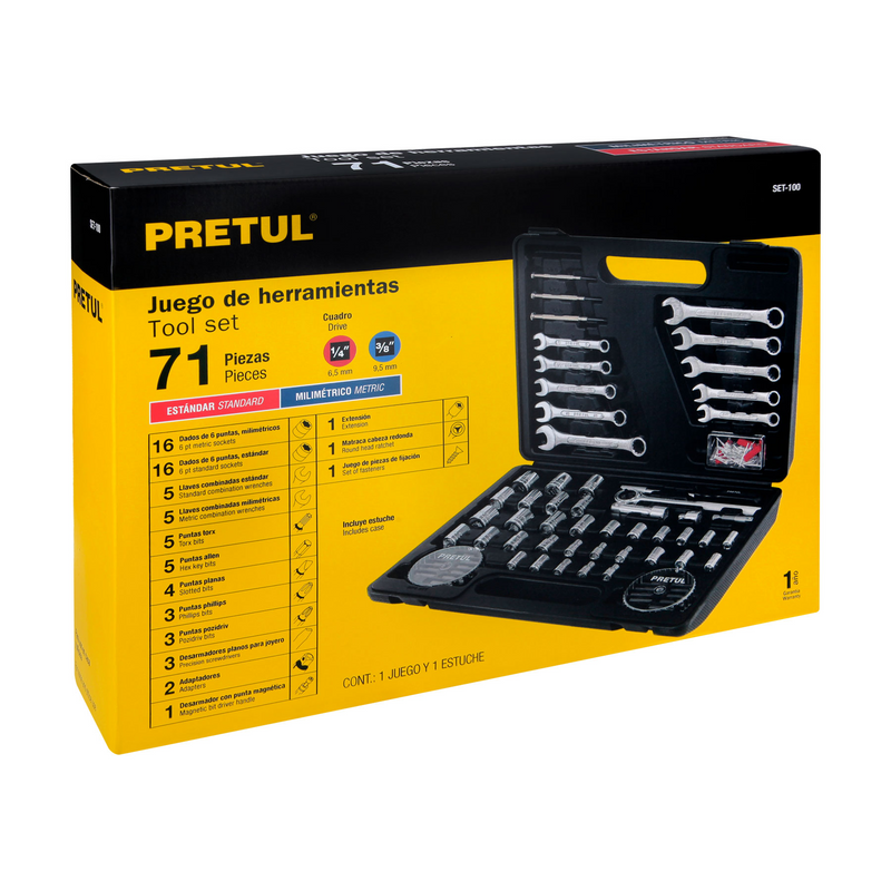 JUEGO DE HERRAMIENTAS PARA MECANICA, 71 PIEZAS, PRETUL