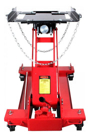 Gato hidráulico rojo para transmisión de 2 t, vista frontal con cadenas y base