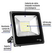 Reflector LED delgado Volteck negro con cubierta de vidrio y soporte ajustable