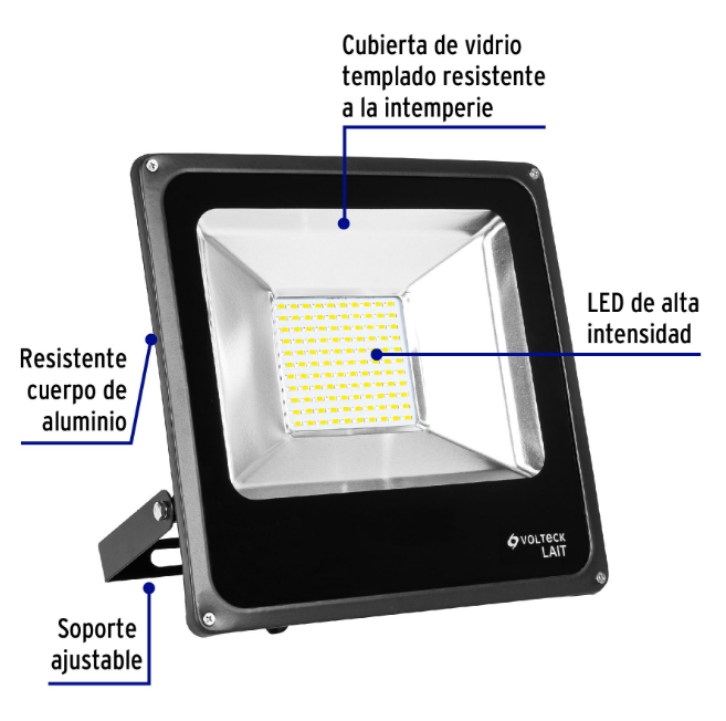 Reflector LED delgado Volteck negro con cubierta de vidrio y soporte ajustable