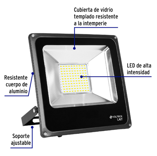 Reflector LED delgado Volteck negro con cubierta de vidrio y soporte ajustable