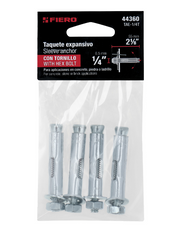 Set de taques expansivos FIERO 1/4" con tornillo hexagonal, 4 piezas en empaque