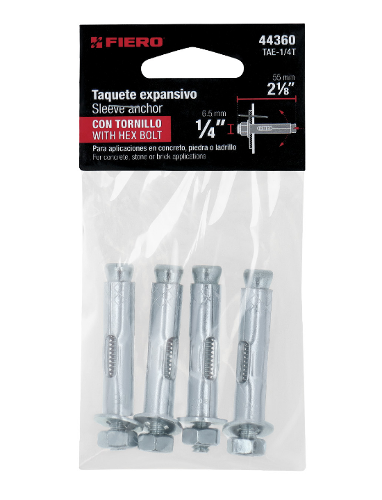 Set de taques expansivos FIERO 1/4" con tornillo hexagonal, 4 piezas en empaque