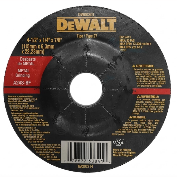 DISCO DE DESBASTE 4-1/2" X 1/4" X 7/8", METAL, DEWALT