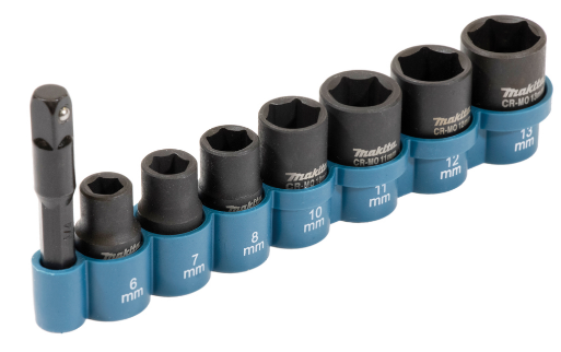 Juego de dados de impacto 1/4", casquillos hex Makita 6–13 mm en azul y negro